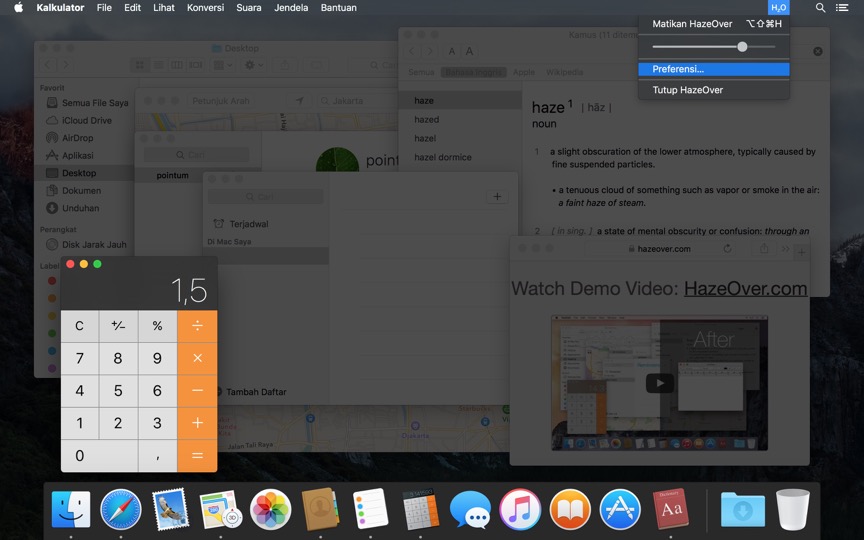 HazeOver tampak bagus dengan mode Gelap untuk menu bar dan Dock