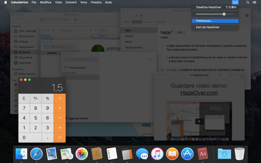 HazeOver si integra perfettamente con la modalità scura per la barra dei menu e il Dock