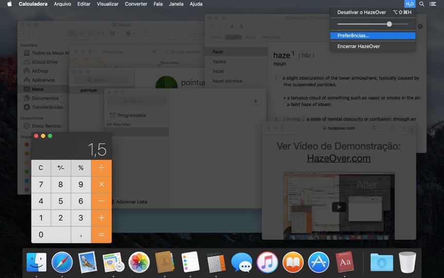 HazeOver fica ótimo com o modo escuro para barra de menus e Dock
