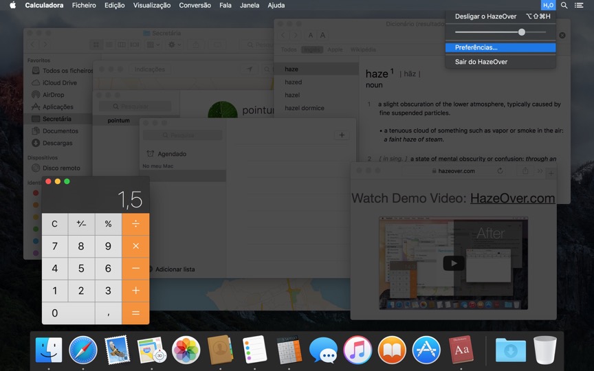 O HazeOver fica excelente com o modo escuro para a barra de menus e Dock