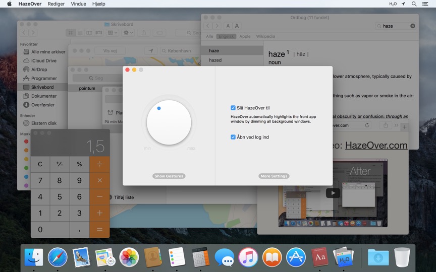 Generelle HazeOver-indstillinger: tonings-intensitet og automatisk start ved login
