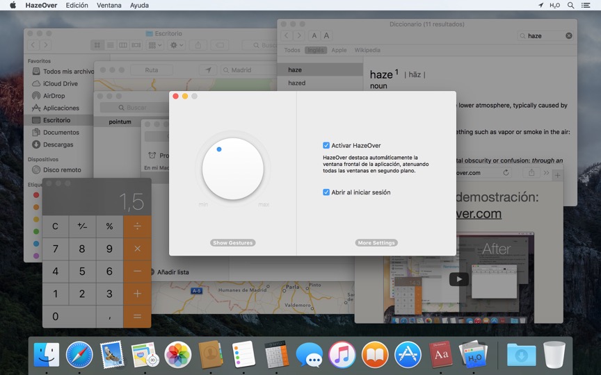 Configuración general de HazeOver: intensidad de atenuación e inicio automático al iniciar sesión